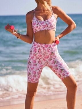 Loveshackfancy X Bandier Bra Biker Shorts Peony Garden Set Sz Small